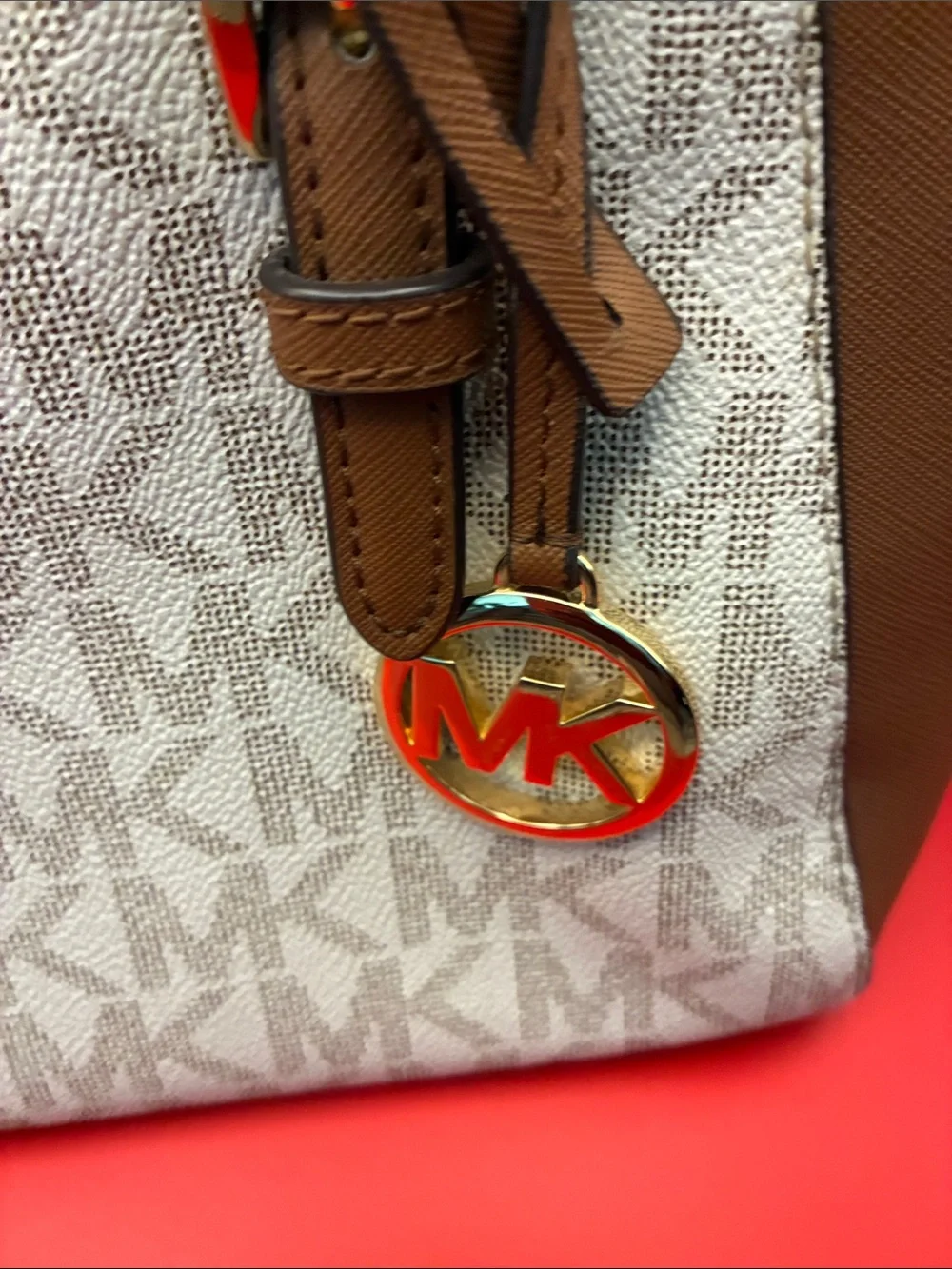 Michael Kors Brown and Beige Logo Satchel with Gold Hardware needs strap
